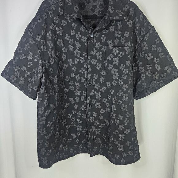 INCERUN Men's Black Floral Jacquard Short-Sleeved Button-Down Shirt XL - Picture 3 of 7
